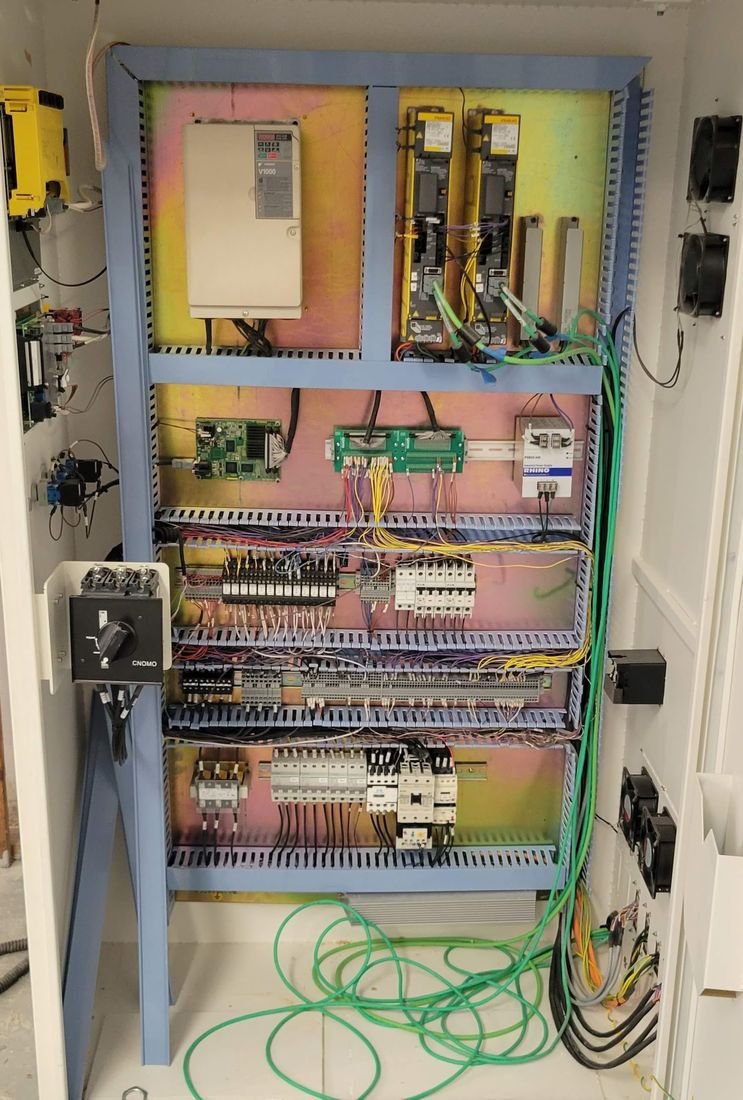 Control panel with color-coded wiring and terminal blocks